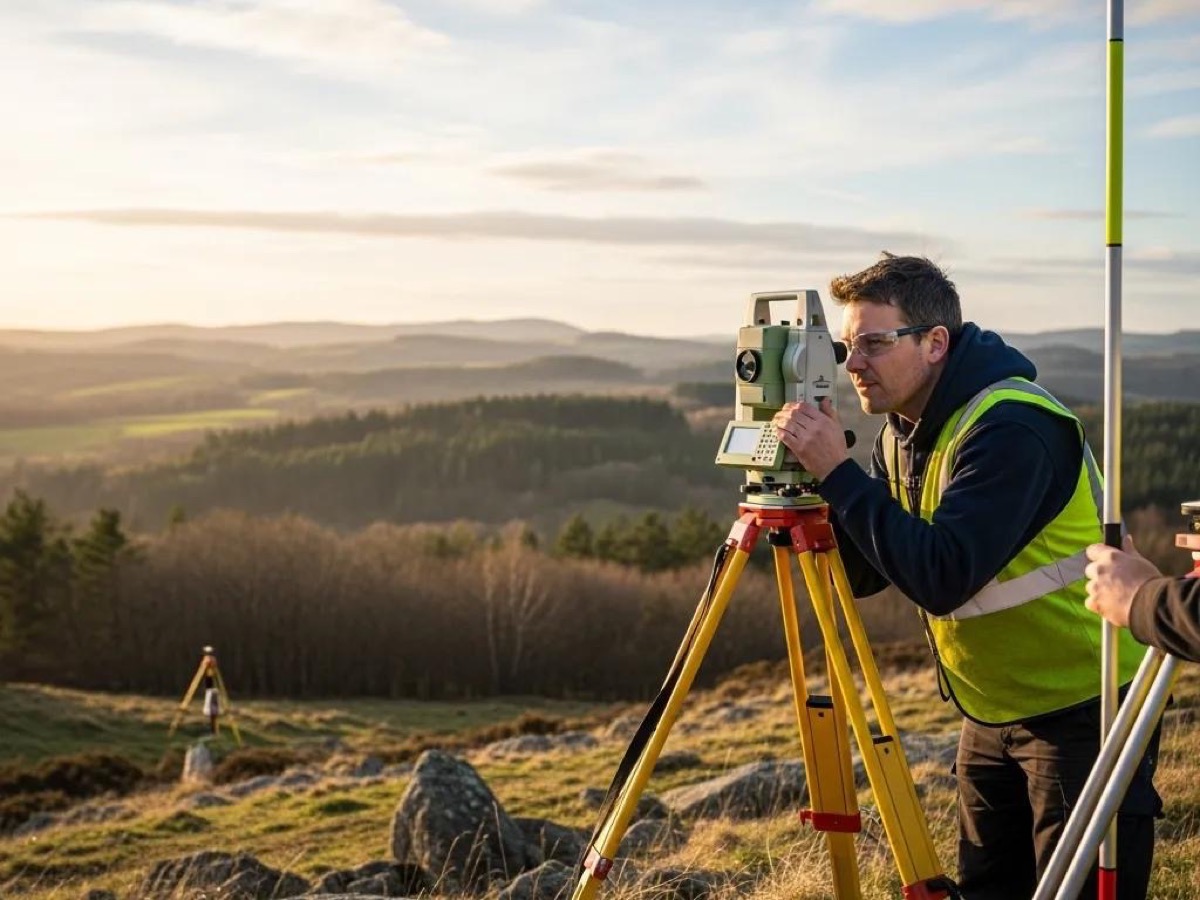 Topographic map and surveying fieldwork — equipment and terrain context